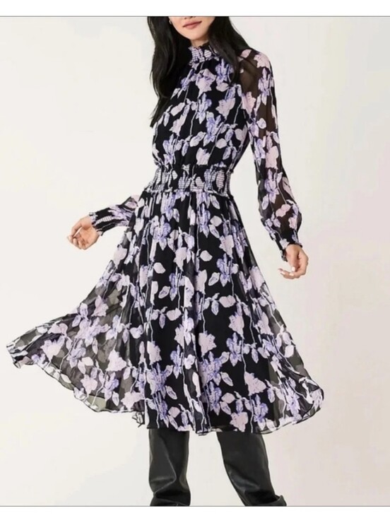 o.p.t Dresses & Skirts - OPT Women's Long Sleeve Purple Floral Smocked Midi Dress Size Medium
